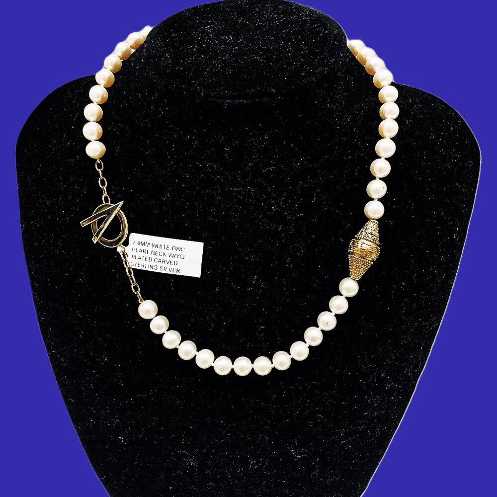 7-8MM RD WH PEARL NECKLACE Y/G PLATED STERLING SILVER TOGGLE CLASP & STA…